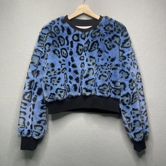 Blue Leopard Print Faux Fur Cropped Sweater By Angel Kiss  Medium - Picture 1 of 4